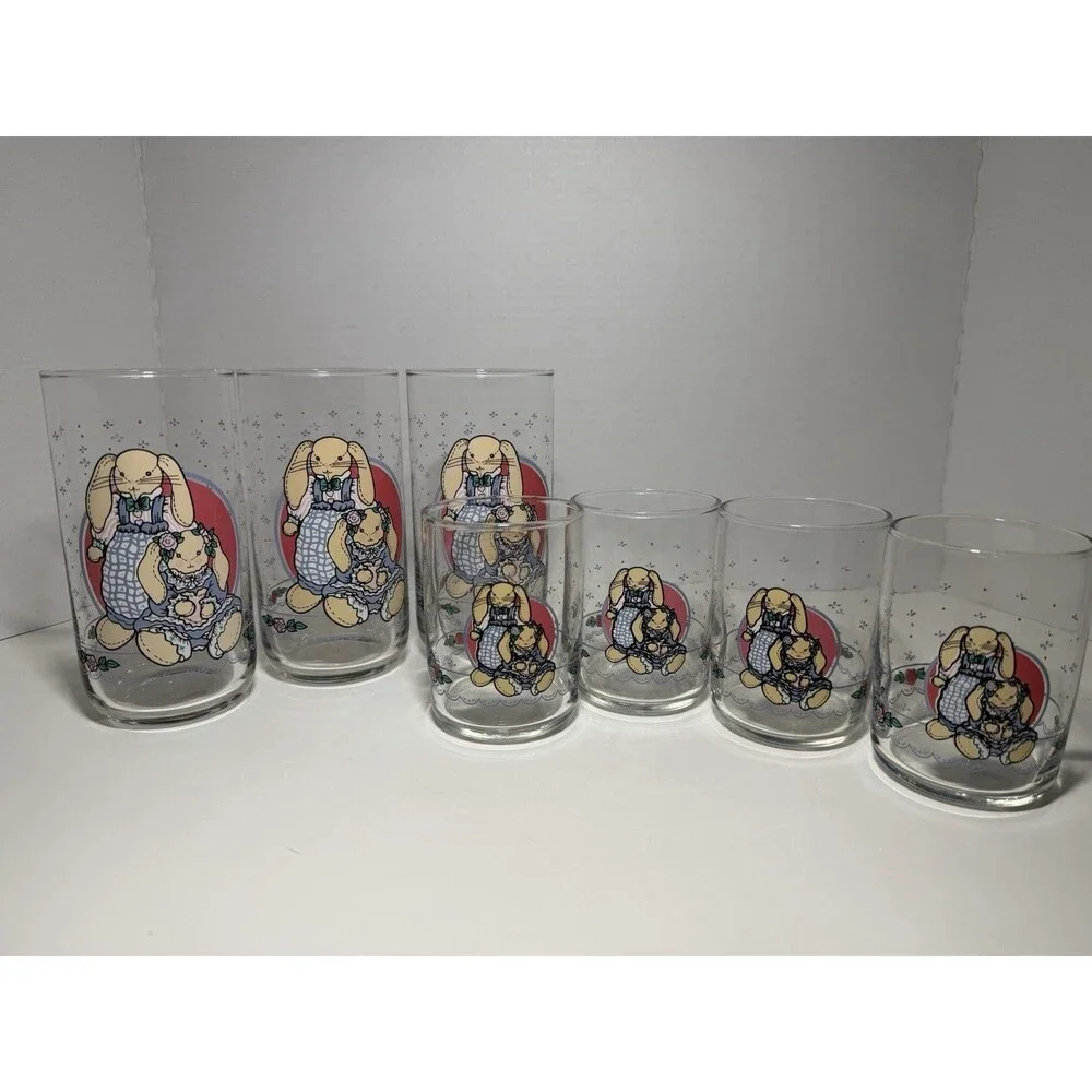 VTG‎ B&D Country Bunny Glass Tumblers Set of 7 - 1990s Cottagecore Rabbit Glass